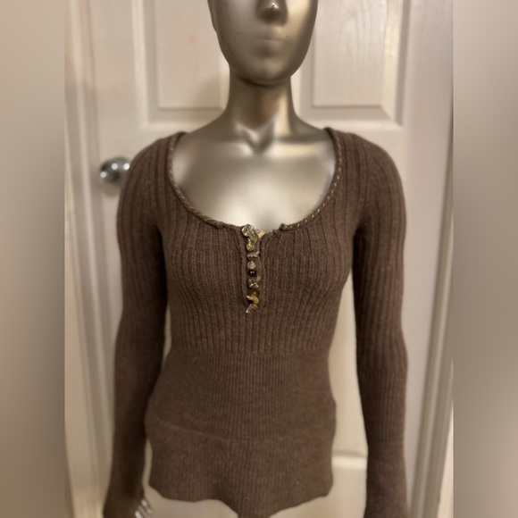 Y2K Free People Ribbed Henley Sweater Brown Size S wool blend - Picture 2 of 9